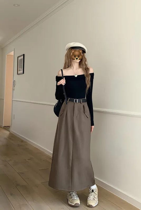 Casual Full Length Side Pocket Loose Skirts With Belt